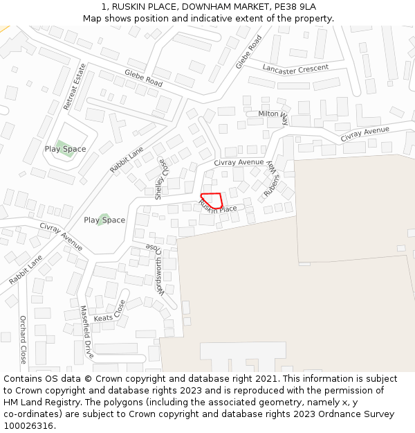 1, RUSKIN PLACE, DOWNHAM MARKET, PE38 9LA: Location map and indicative extent of plot