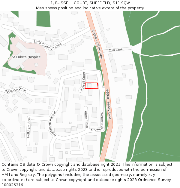 1, RUSSELL COURT, SHEFFIELD, S11 9QW: Location map and indicative extent of plot