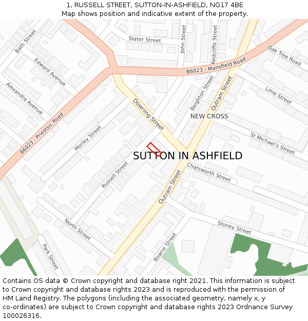 1, RUSSELL STREET, SUTTON-IN-ASHFIELD, NG17 4BE: Location map and indicative extent of plot