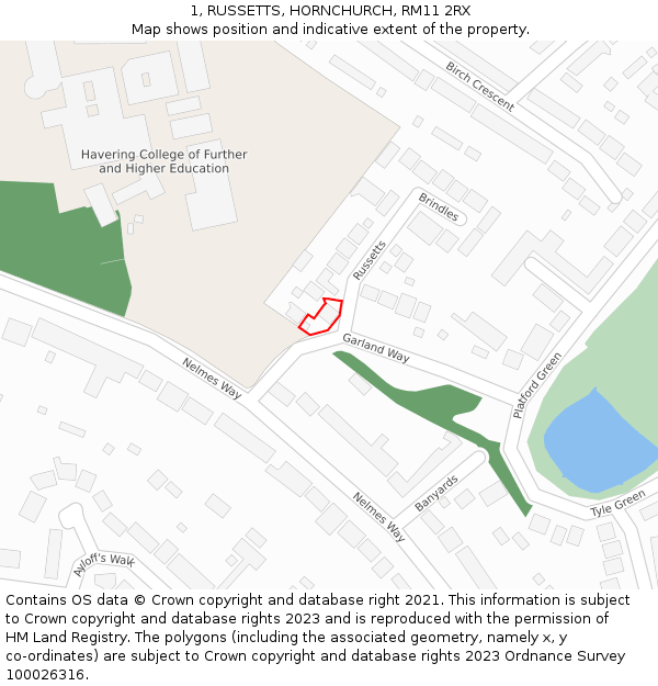 1, RUSSETTS, HORNCHURCH, RM11 2RX: Location map and indicative extent of plot