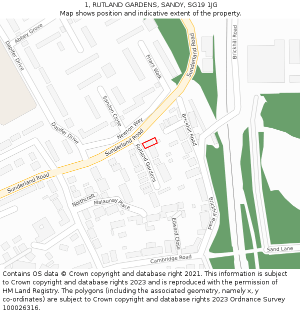 1, RUTLAND GARDENS, SANDY, SG19 1JG: Location map and indicative extent of plot