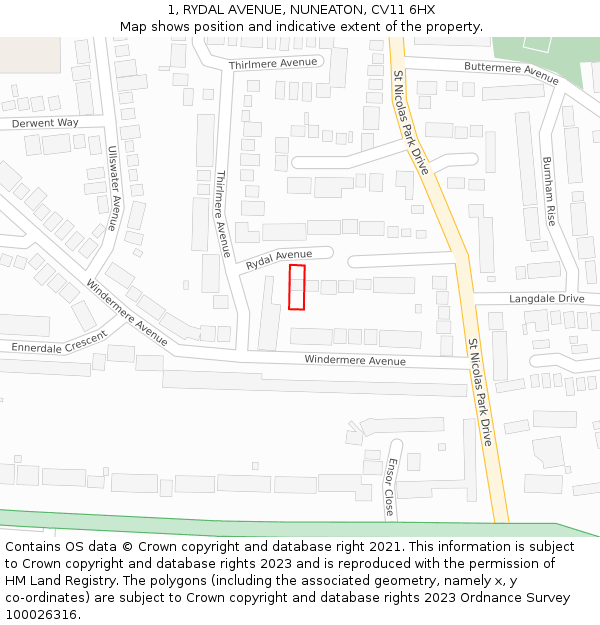 1, RYDAL AVENUE, NUNEATON, CV11 6HX: Location map and indicative extent of plot