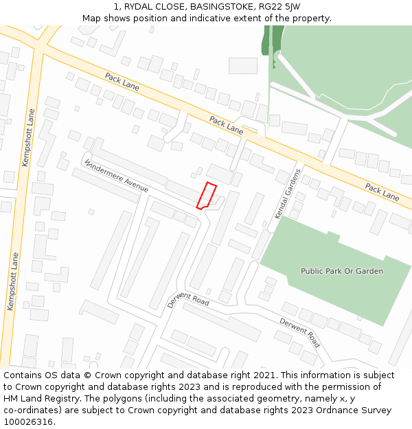 1, RYDAL CLOSE, BASINGSTOKE, RG22 5JW: Location map and indicative extent of plot