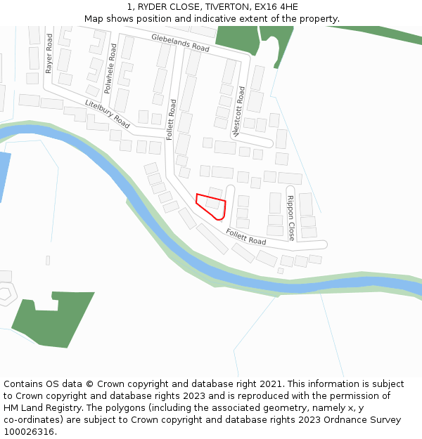 1, RYDER CLOSE, TIVERTON, EX16 4HE: Location map and indicative extent of plot