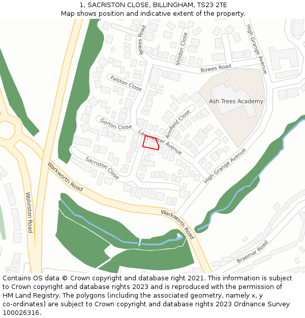 1, SACRISTON CLOSE, BILLINGHAM, TS23 2TE: Location map and indicative extent of plot