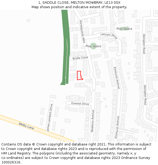 1, SADDLE CLOSE, MELTON MOWBRAY, LE13 0SX: Location map and indicative extent of plot