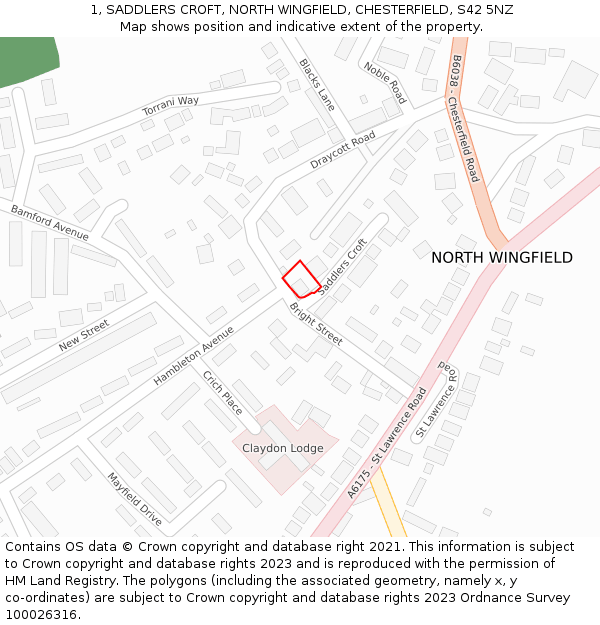 1, SADDLERS CROFT, NORTH WINGFIELD, CHESTERFIELD, S42 5NZ: Location map and indicative extent of plot