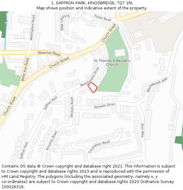 1, SAFFRON PARK, KINGSBRIDGE, TQ7 1RL: Location map and indicative extent of plot