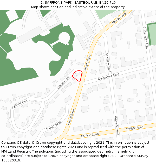 1, SAFFRONS PARK, EASTBOURNE, BN20 7UX: Location map and indicative extent of plot