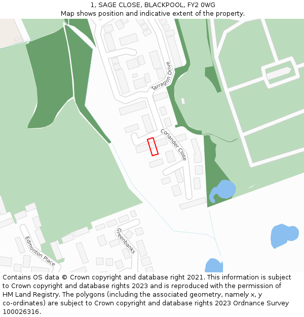1, SAGE CLOSE, BLACKPOOL, FY2 0WG: Location map and indicative extent of plot