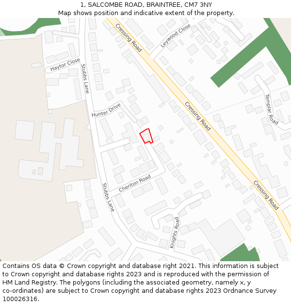 1, SALCOMBE ROAD, BRAINTREE, CM7 3NY: Location map and indicative extent of plot