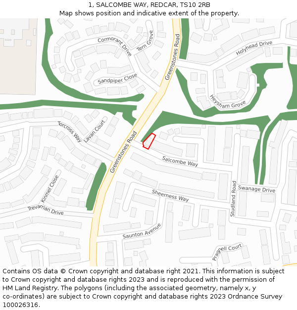 1, SALCOMBE WAY, REDCAR, TS10 2RB: Location map and indicative extent of plot