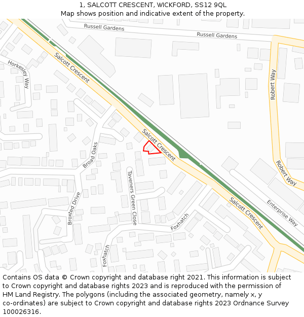 1, SALCOTT CRESCENT, WICKFORD, SS12 9QL: Location map and indicative extent of plot