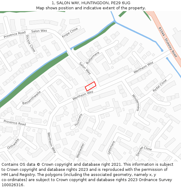 1, SALON WAY, HUNTINGDON, PE29 6UG: Location map and indicative extent of plot