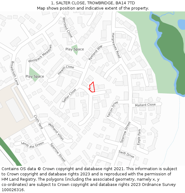 1, SALTER CLOSE, TROWBRIDGE, BA14 7TD: Location map and indicative extent of plot