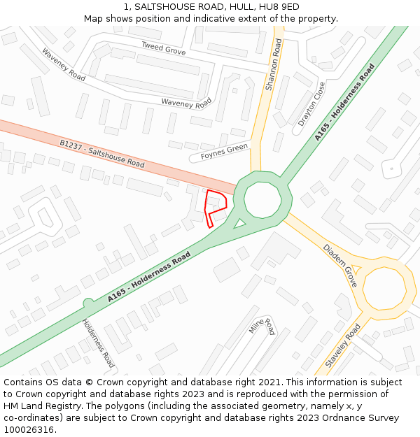 1, SALTSHOUSE ROAD, HULL, HU8 9ED: Location map and indicative extent of plot