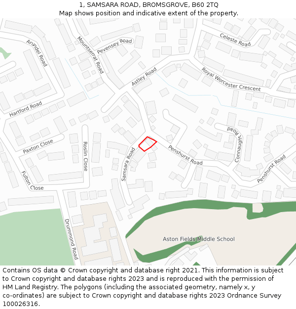 1, SAMSARA ROAD, BROMSGROVE, B60 2TQ: Location map and indicative extent of plot