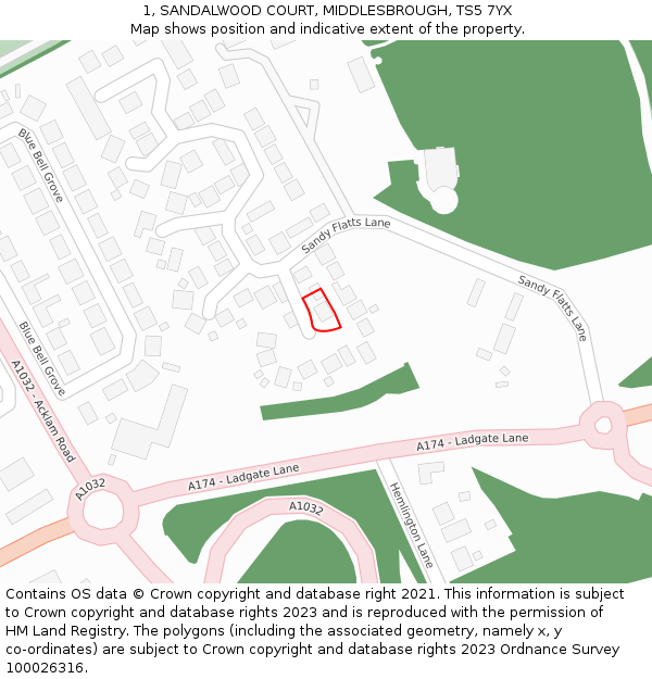 1, SANDALWOOD COURT, MIDDLESBROUGH, TS5 7YX: Location map and indicative extent of plot