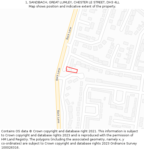 1, SANDBACH, GREAT LUMLEY, CHESTER LE STREET, DH3 4LL: Location map and indicative extent of plot