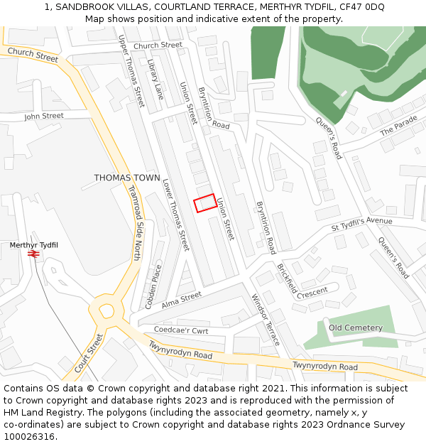 1, SANDBROOK VILLAS, COURTLAND TERRACE, MERTHYR TYDFIL, CF47 0DQ: Location map and indicative extent of plot