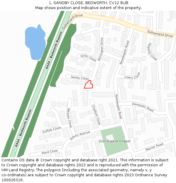 1, SANDBY CLOSE, BEDWORTH, CV12 8UB: Location map and indicative extent of plot