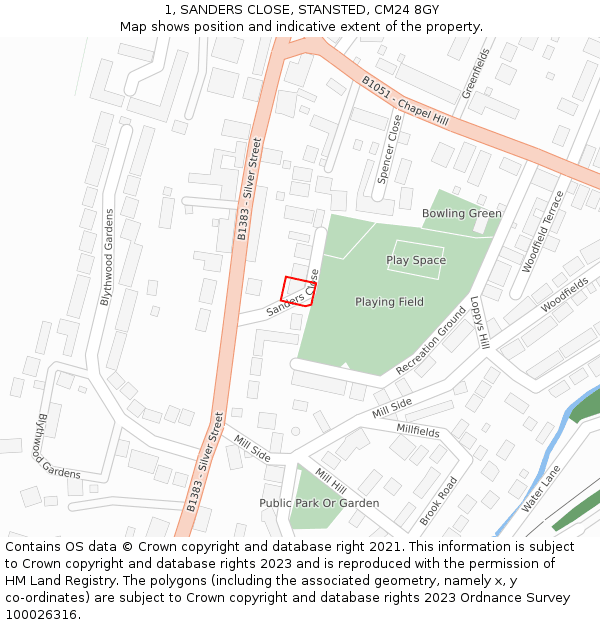 1, SANDERS CLOSE, STANSTED, CM24 8GY: Location map and indicative extent of plot