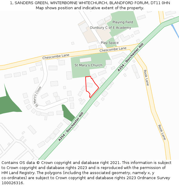 1, SANDERS GREEN, WINTERBORNE WHITECHURCH, BLANDFORD FORUM, DT11 0HN: Location map and indicative extent of plot