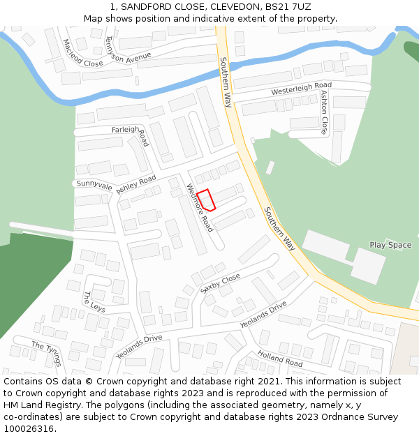 1, SANDFORD CLOSE, CLEVEDON, BS21 7UZ: Location map and indicative extent of plot