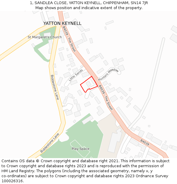 1, SANDLEA CLOSE, YATTON KEYNELL, CHIPPENHAM, SN14 7JR: Location map and indicative extent of plot