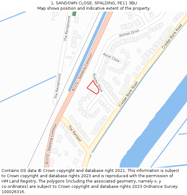 1, SANDOWN CLOSE, SPALDING, PE11 3BU: Location map and indicative extent of plot