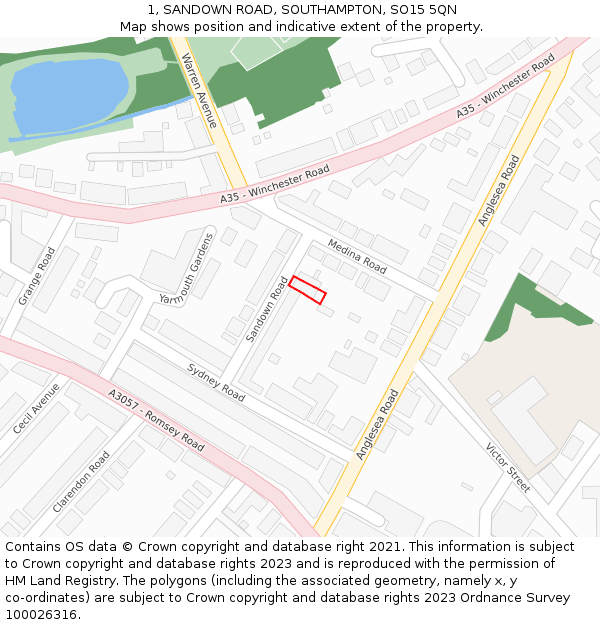 1, SANDOWN ROAD, SOUTHAMPTON, SO15 5QN: Location map and indicative extent of plot