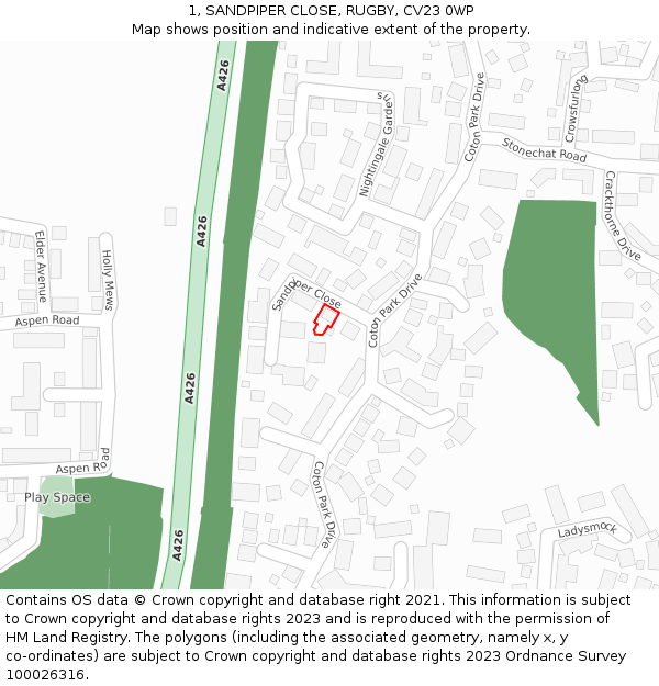 1, SANDPIPER CLOSE, RUGBY, CV23 0WP: Location map and indicative extent of plot