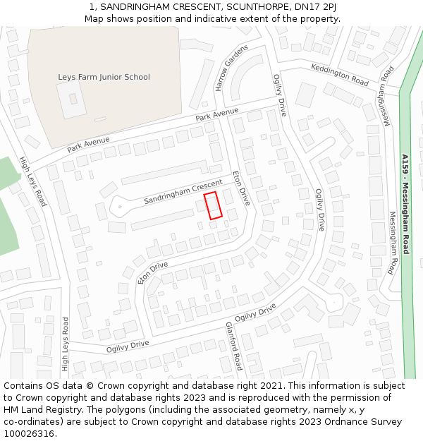 1, SANDRINGHAM CRESCENT, SCUNTHORPE, DN17 2PJ: Location map and indicative extent of plot