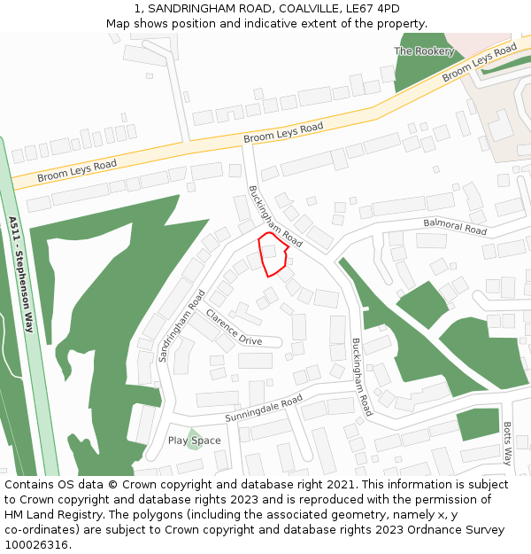 1, SANDRINGHAM ROAD, COALVILLE, LE67 4PD: Location map and indicative extent of plot