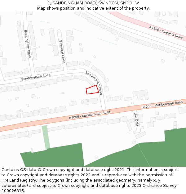 1, SANDRINGHAM ROAD, SWINDON, SN3 1HW: Location map and indicative extent of plot