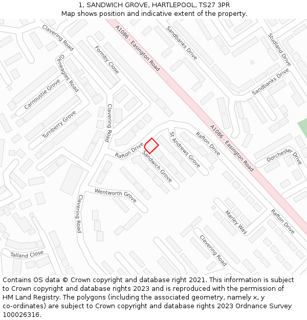 1, SANDWICH GROVE, HARTLEPOOL, TS27 3PR: Location map and indicative extent of plot