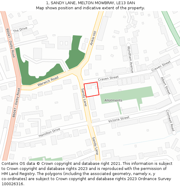 1, SANDY LANE, MELTON MOWBRAY, LE13 0AN: Location map and indicative extent of plot