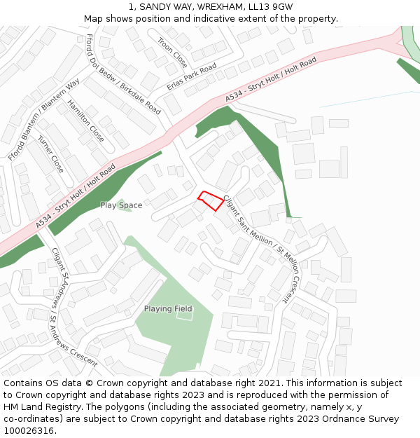 1, SANDY WAY, WREXHAM, LL13 9GW: Location map and indicative extent of plot