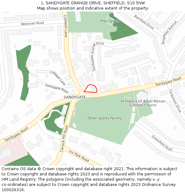 1, SANDYGATE GRANGE DRIVE, SHEFFIELD, S10 5NW: Location map and indicative extent of plot