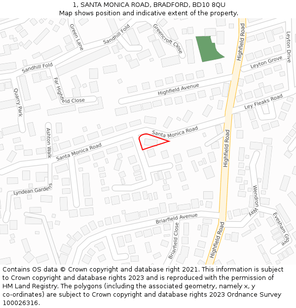 1, SANTA MONICA ROAD, BRADFORD, BD10 8QU: Location map and indicative extent of plot