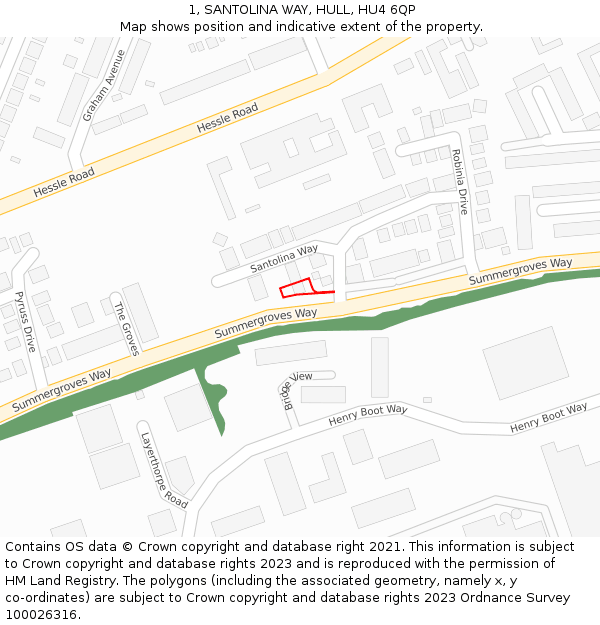 1, SANTOLINA WAY, HULL, HU4 6QP: Location map and indicative extent of plot