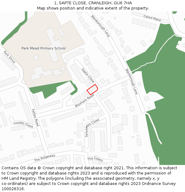 1, SAPTE CLOSE, CRANLEIGH, GU6 7HA: Location map and indicative extent of plot