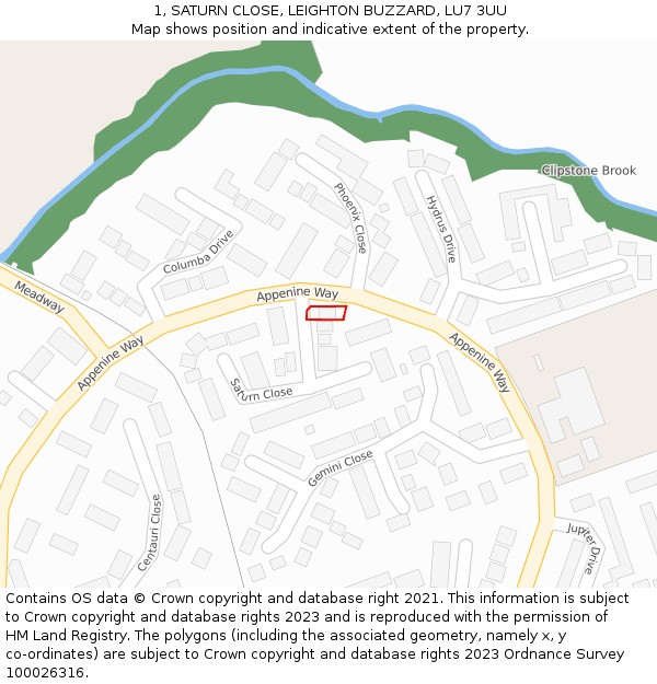 1, SATURN CLOSE, LEIGHTON BUZZARD, LU7 3UU: Location map and indicative extent of plot