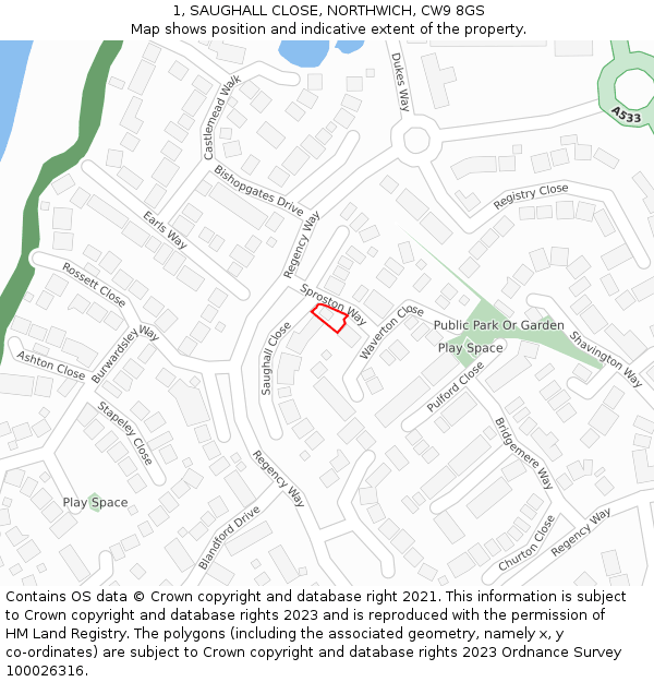 1, SAUGHALL CLOSE, NORTHWICH, CW9 8GS: Location map and indicative extent of plot