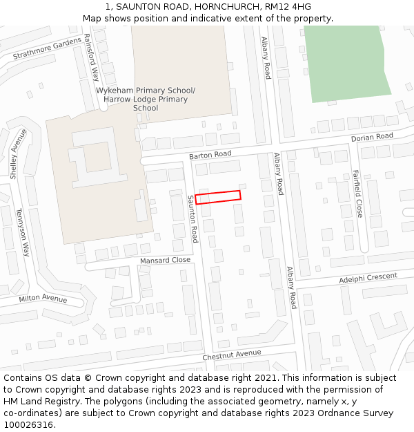 1, SAUNTON ROAD, HORNCHURCH, RM12 4HG: Location map and indicative extent of plot