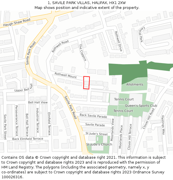 1, SAVILE PARK VILLAS, HALIFAX, HX1 2XW: Location map and indicative extent of plot