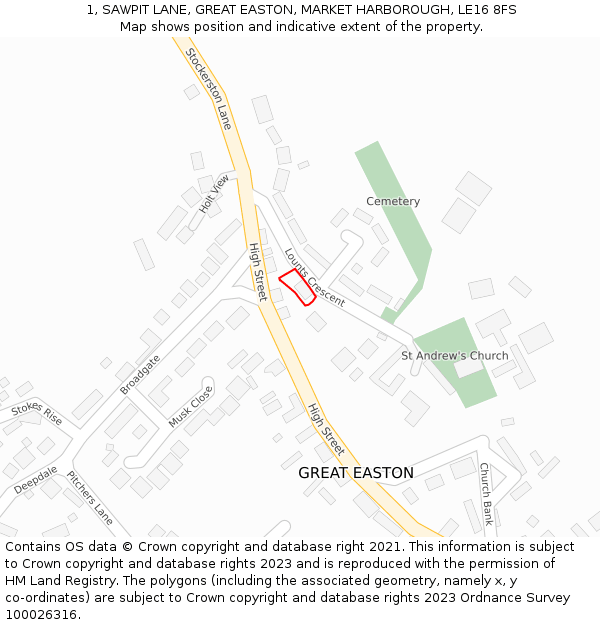 1, SAWPIT LANE, GREAT EASTON, MARKET HARBOROUGH, LE16 8FS: Location map and indicative extent of plot