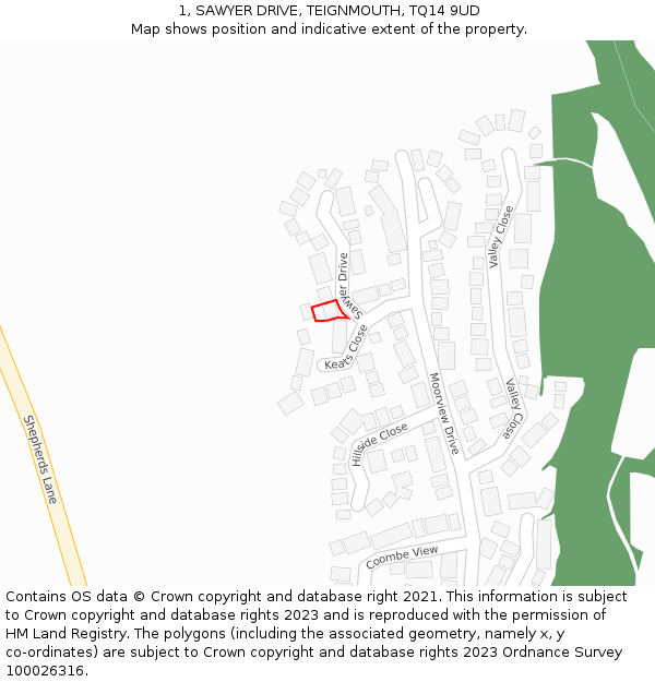 1, SAWYER DRIVE, TEIGNMOUTH, TQ14 9UD: Location map and indicative extent of plot