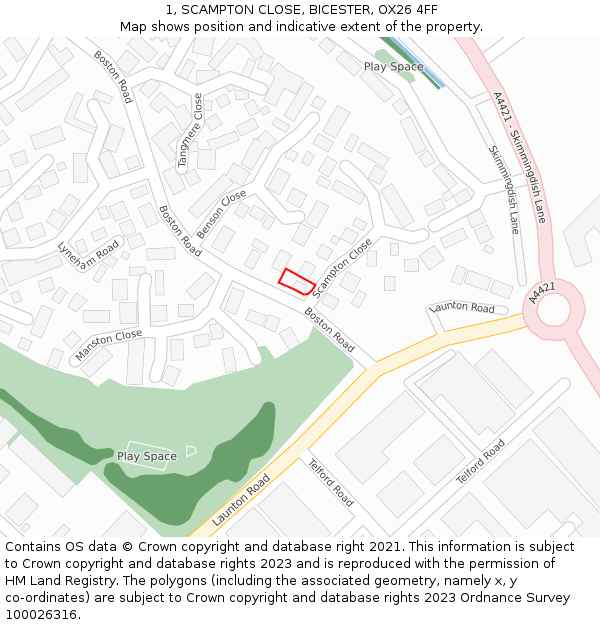 1, SCAMPTON CLOSE, BICESTER, OX26 4FF: Location map and indicative extent of plot