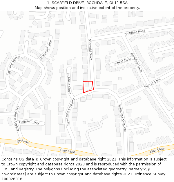 1, SCARFIELD DRIVE, ROCHDALE, OL11 5SA: Location map and indicative extent of plot